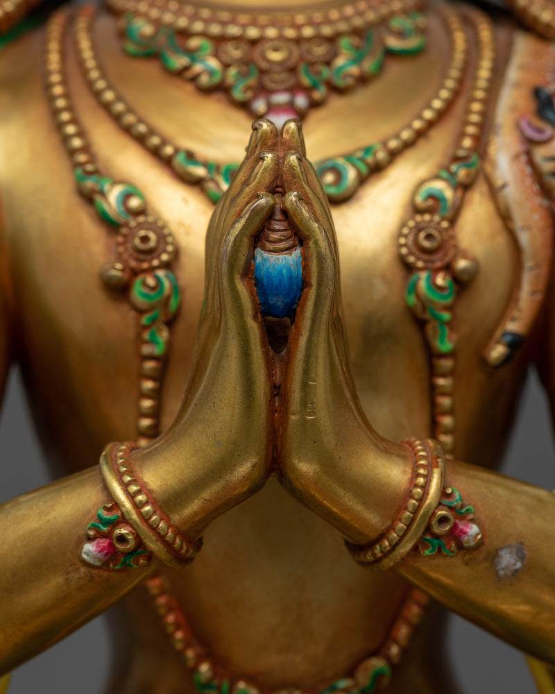 Gold Gilded Statue of 4 Armed Chenrezig |  Hand-Carved Avalokiteshvara Statue