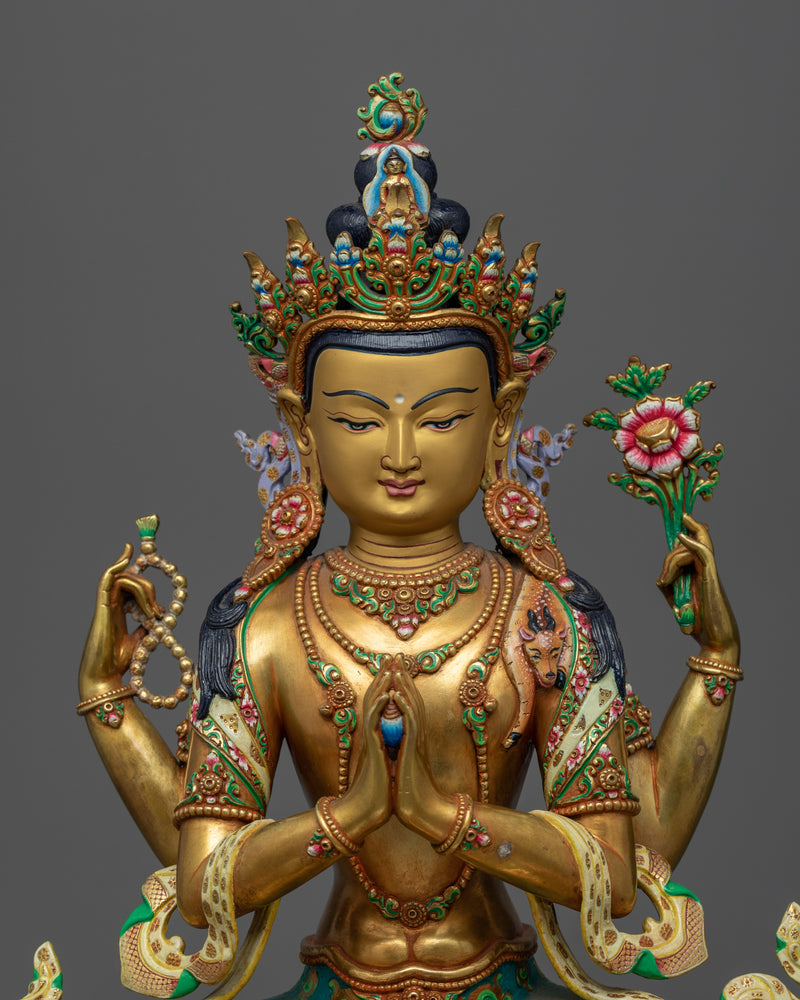 Gold Gilded Statue of 4 Armed Chenrezig |  Hand-Carved Avalokiteshvara Statue
