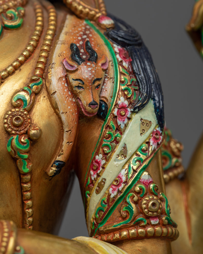 Gold Gilded Statue of 4 Armed Chenrezig |  Hand-Carved Avalokiteshvara Statue