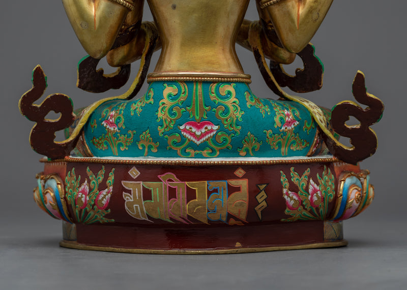 Gold Gilded Statue of 4 Armed Chenrezig |  Hand-Carved Avalokiteshvara Statue