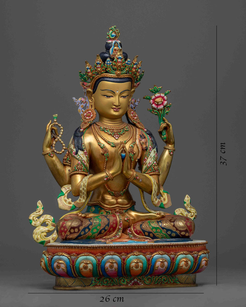 Gold Gilded Statue of 4 Armed Chenrezig |  Hand-Carved Avalokiteshvara Statue