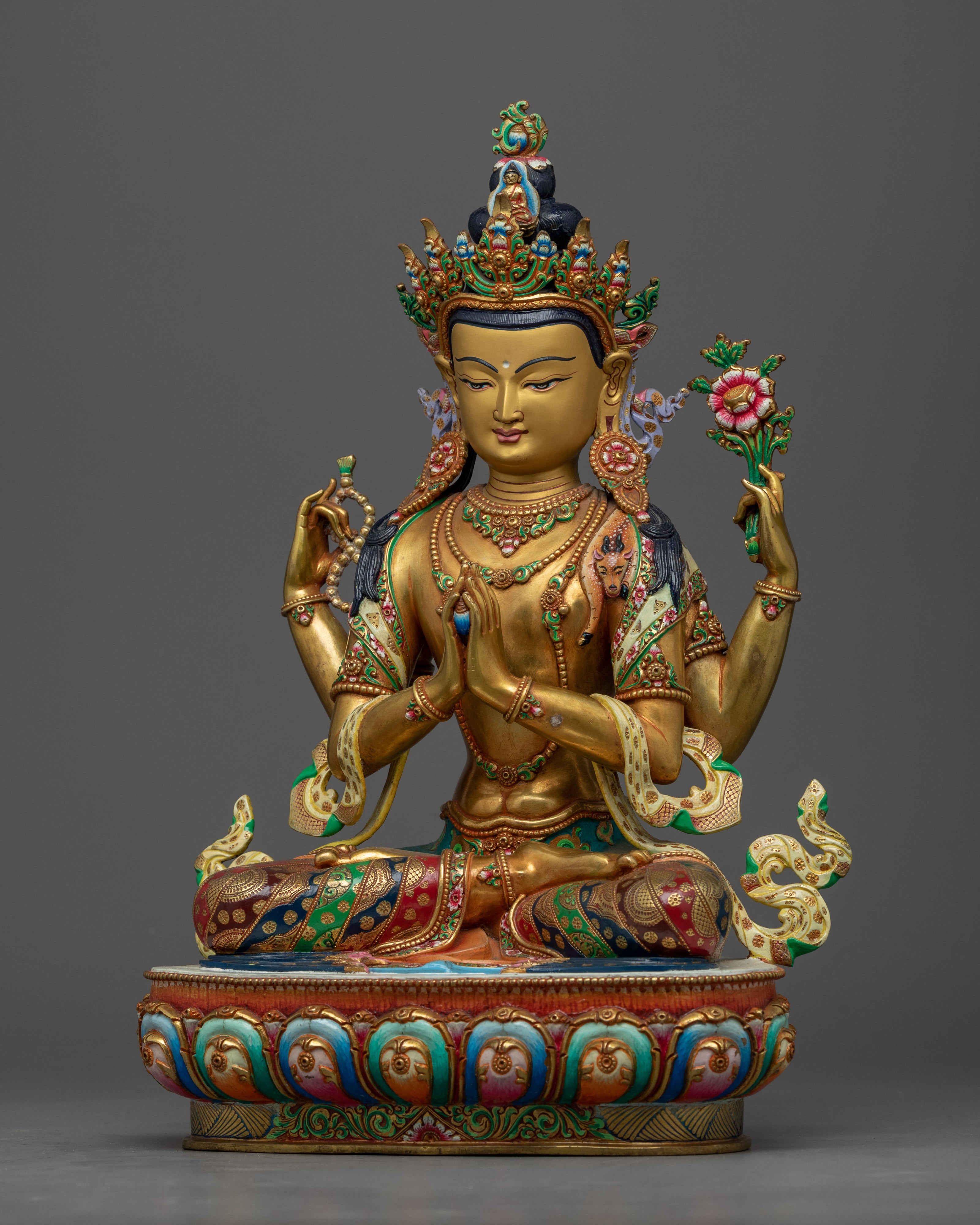 Gold Gilded Statue of 4 Armed Chenrezig |  Hand-Carved Avalokiteshvara Statue