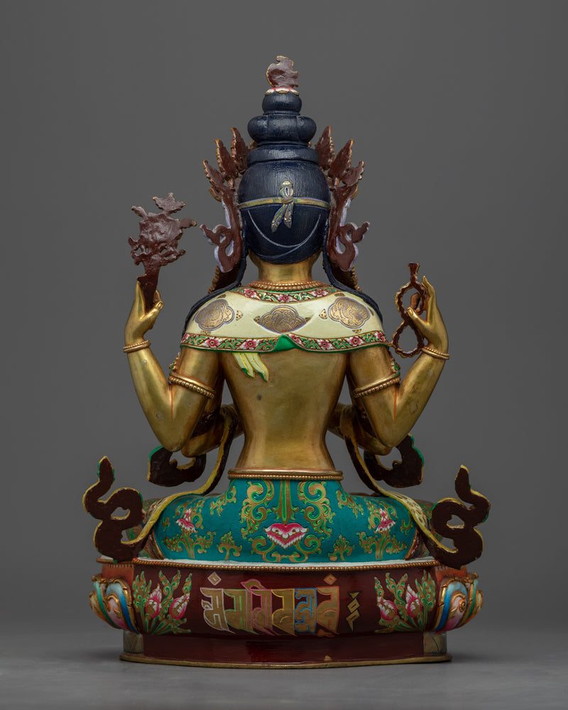 Gold Gilded Statue of 4 Armed Chenrezig |  Hand-Carved Avalokiteshvara Statue