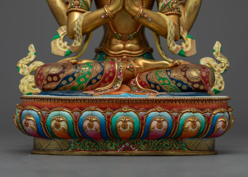 Gold Gilded Statue of 4 Armed Chenrezig |  Hand-Carved Avalokiteshvara Statue