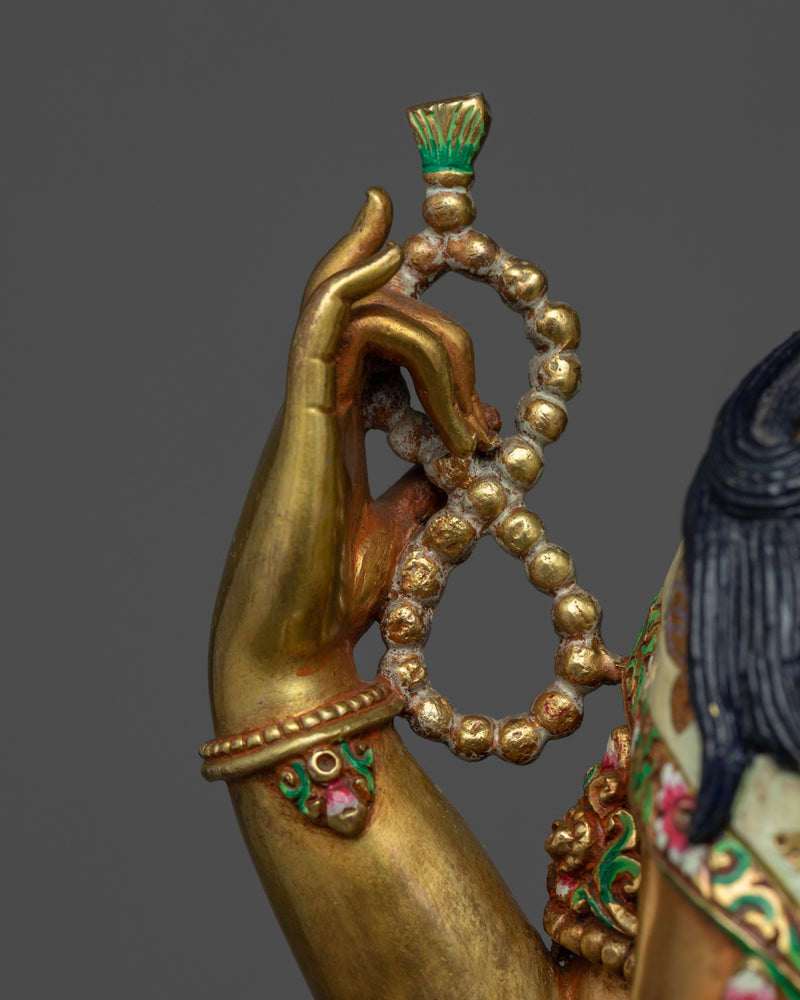 Gold Gilded Statue of 4 Armed Chenrezig |  Hand-Carved Avalokiteshvara Statue