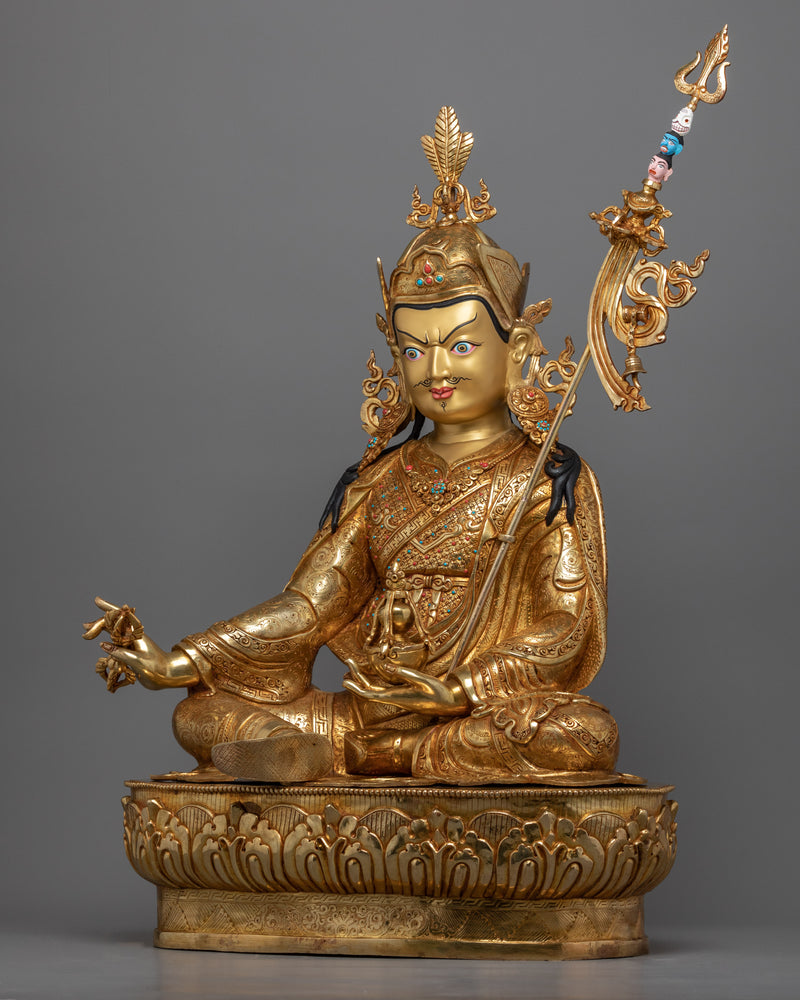 Guru Rinpoche Padmasambhava 24K Gold Gilded Statue | Traditional Buddhist Artwork