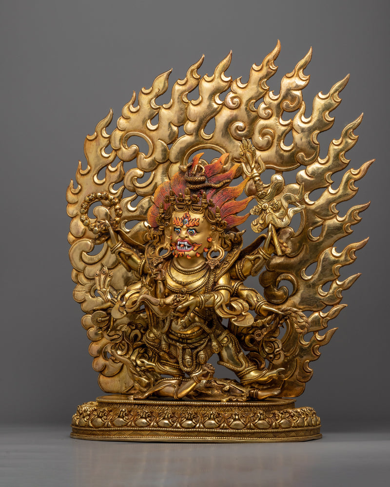 6 Armed Mahakala Sculpture | Buddhist Gold Gilded Artwork