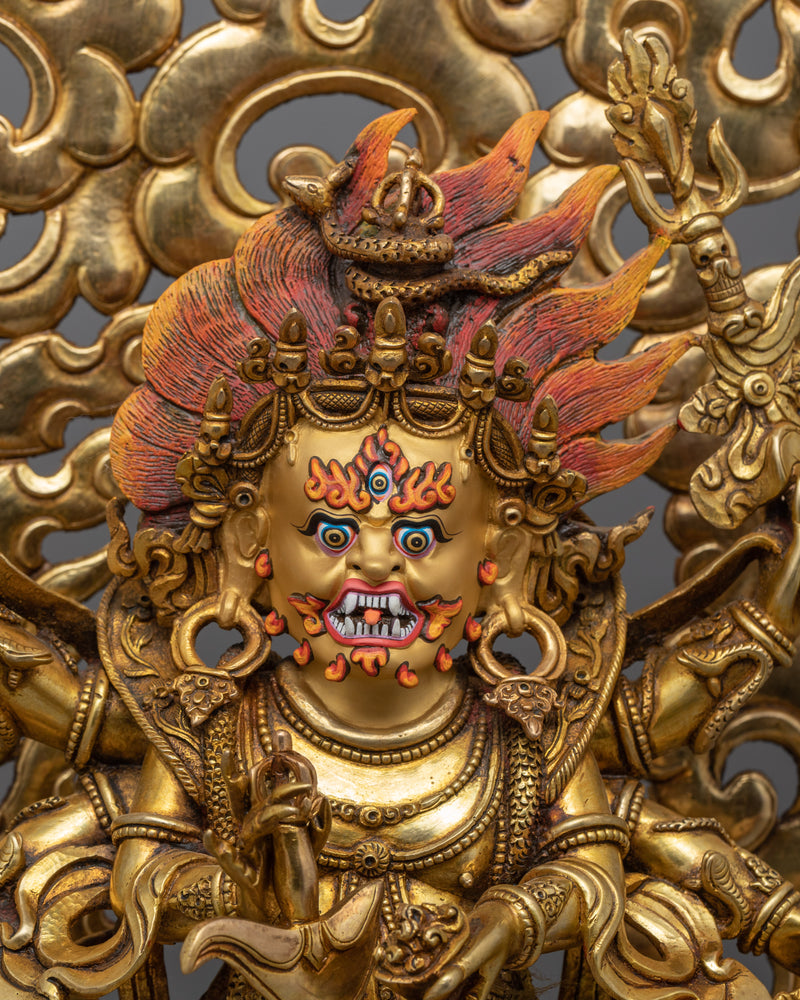 6 Armed Mahakala Sculpture | Buddhist Gold Gilded Artwork