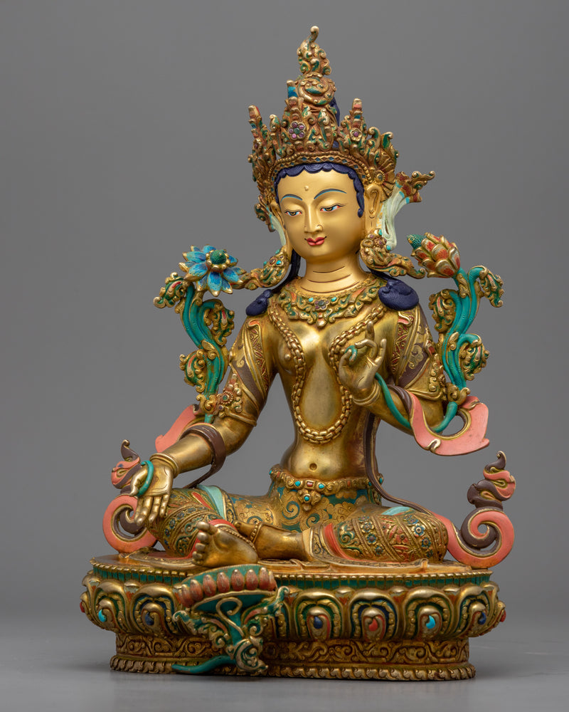 Gold Gilded Green Tara Mudra Sculpture | Traditional Buddhist Artwork