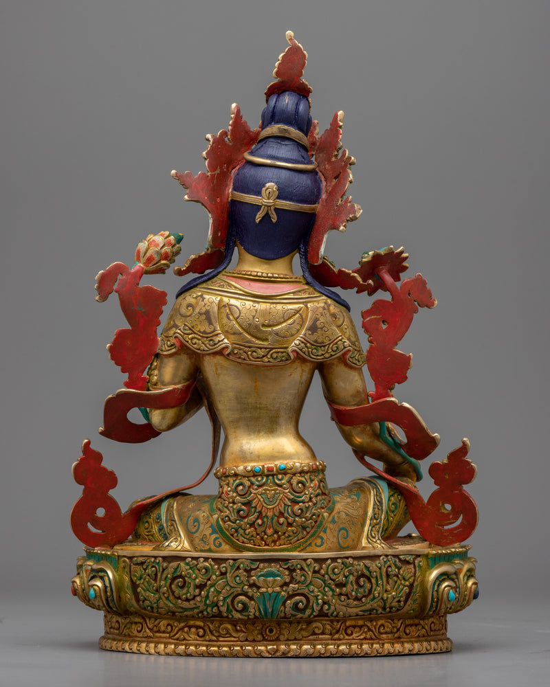 Gold Gilded Green Tara Mudra Sculpture | Traditional Buddhist Artwork