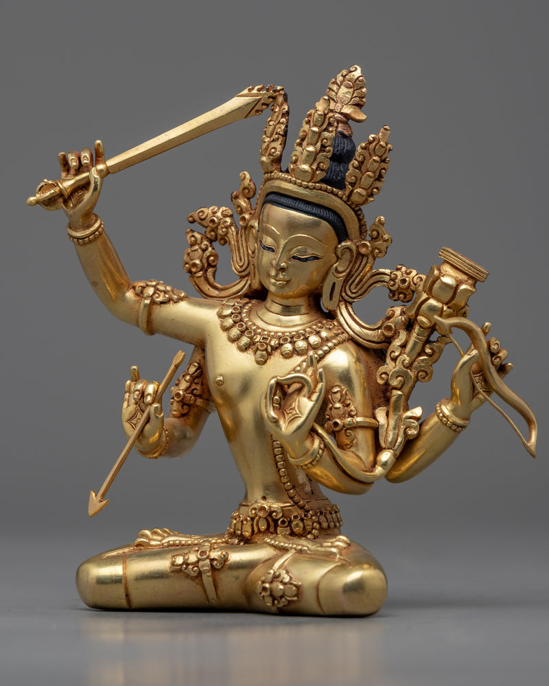 Gold Gilded Red Manjushri Statue | Traditionally Hand Carved Buddhist Statue