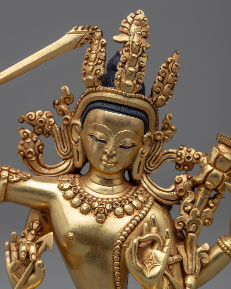 Gold Gilded Red Manjushri Statue | Traditionally Hand Carved Buddhist Statue