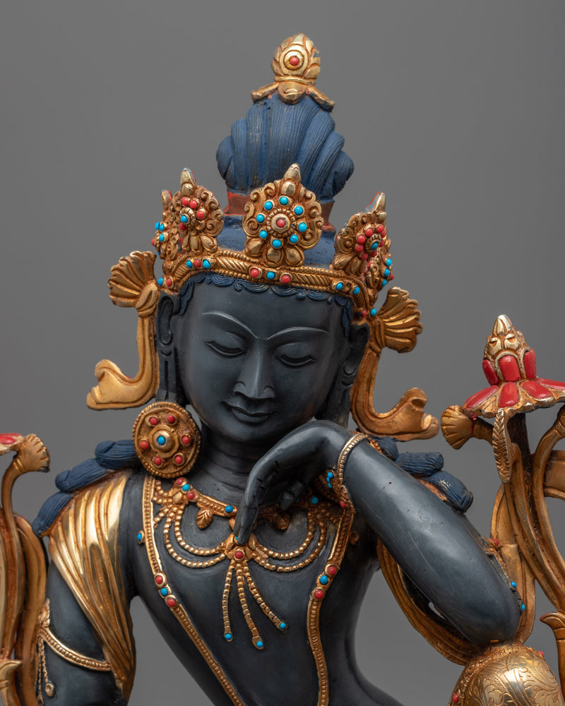 Hand Carved Statue of Chenrezig Gilded in Gold | Traditional Handcrafted Buddhist Art