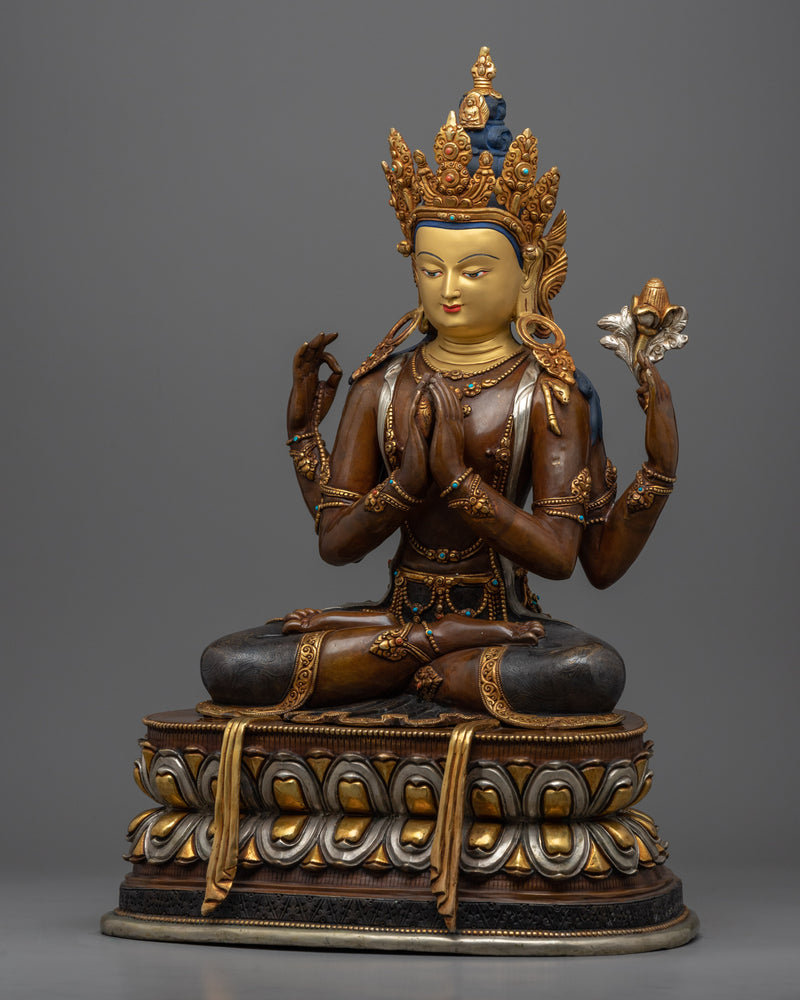 Oxidized Copper Statue of 4 Armed Chenrezig | Traditional Tibetan Style Buddhist Statue of Bodhisattva
