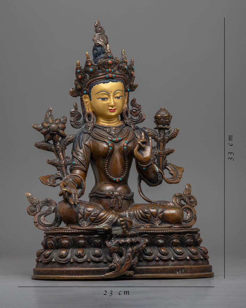 The Green Tara Statue | Gold Gilded Female Bodhisattva Statue for Meditation