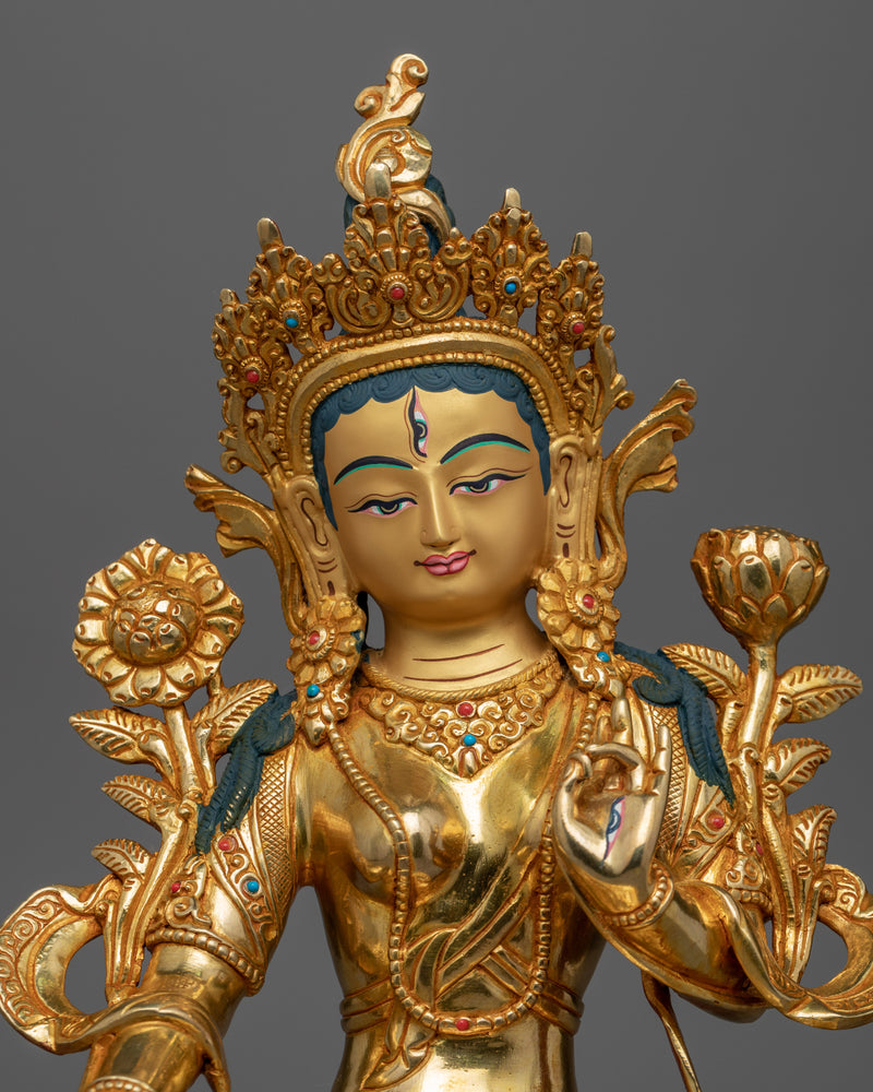 Buddhist Deity White Tara Sculpture | Gold Gilded Handcrafted Buddhist Statue