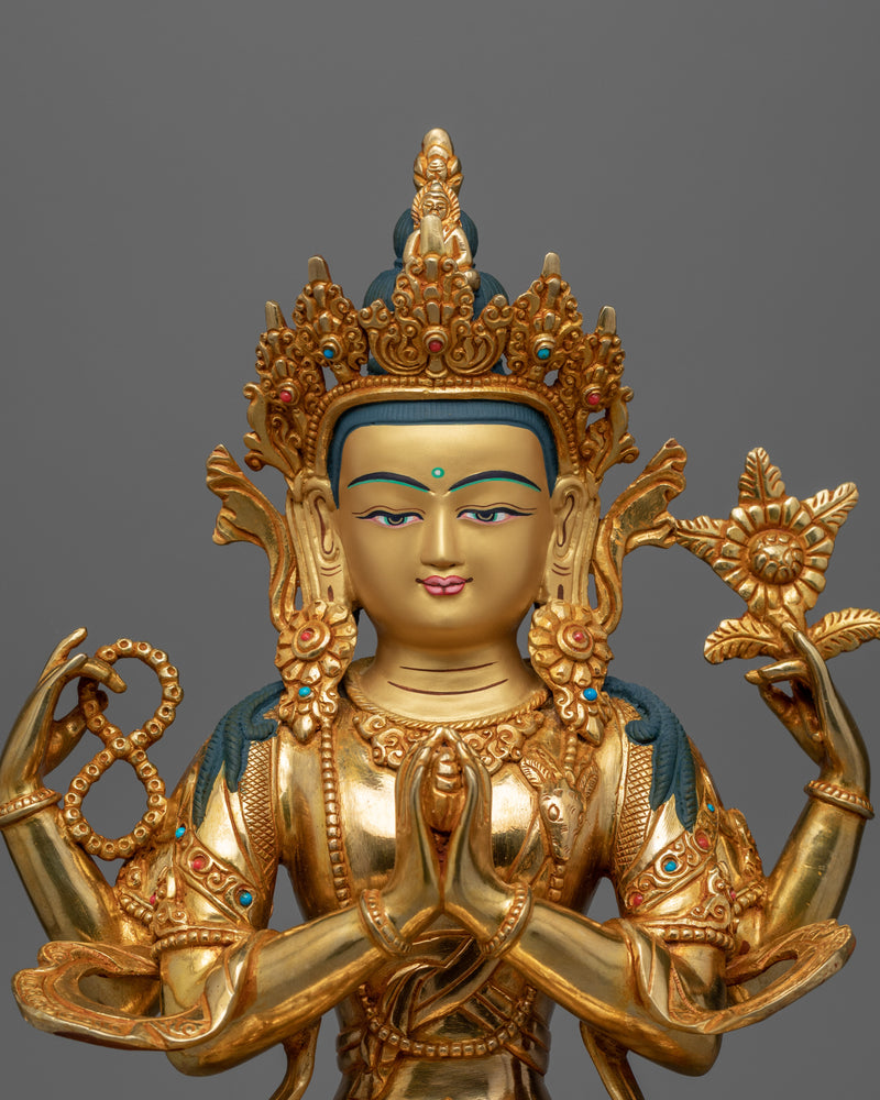 4 Armed Bodhisattva Chenrezig Statue | Hand-Carved Buddhist Artwork