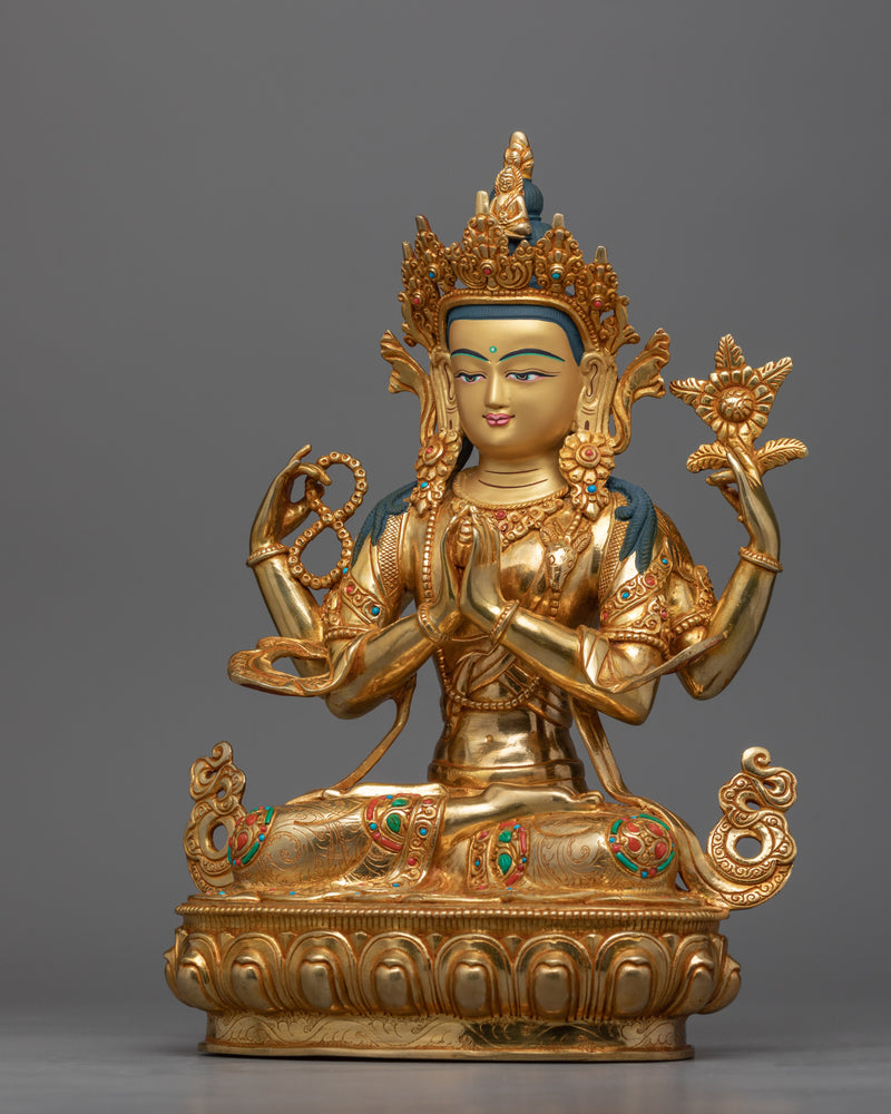4 Armed Bodhisattva Chenrezig Statue | Hand-Carved Buddhist Artwork