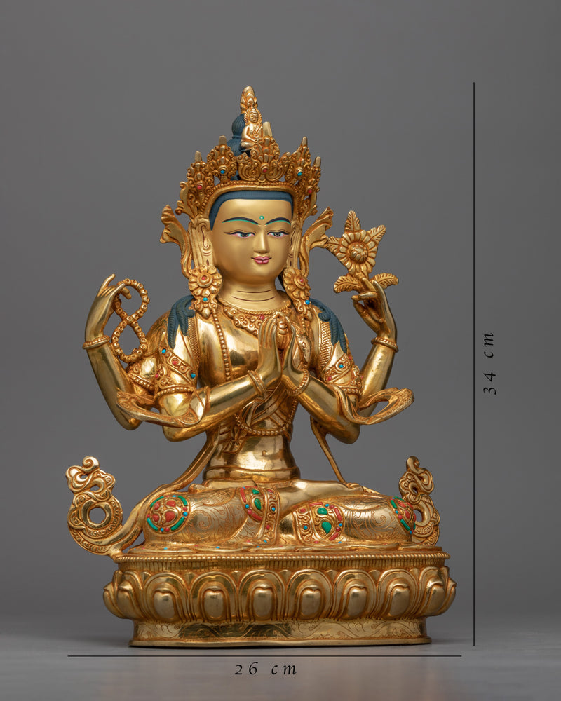 4 Armed Bodhisattva Chenrezig Statue | Hand-Carved Buddhist Artwork