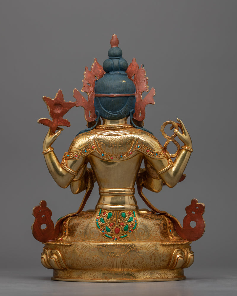 4 Armed Bodhisattva Chenrezig Statue | Hand-Carved Buddhist Artwork