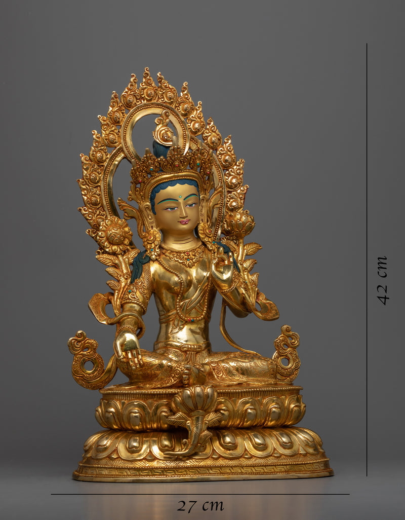 Green Tara Buddha Statue for Prosperity | Himalayan Gold Gilded Religious Artwork