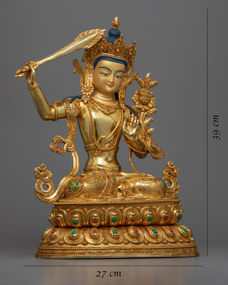 Gold Gilded Manjushri Bodhisattva Sculpture | Traditionally Hand-Carved Buddhist Statue