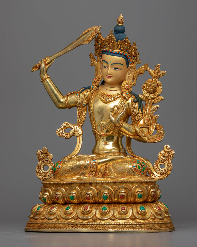 Gold Gilded Manjushri Bodhisattva Sculpture | Traditionally Hand-Carved Buddhist Statue