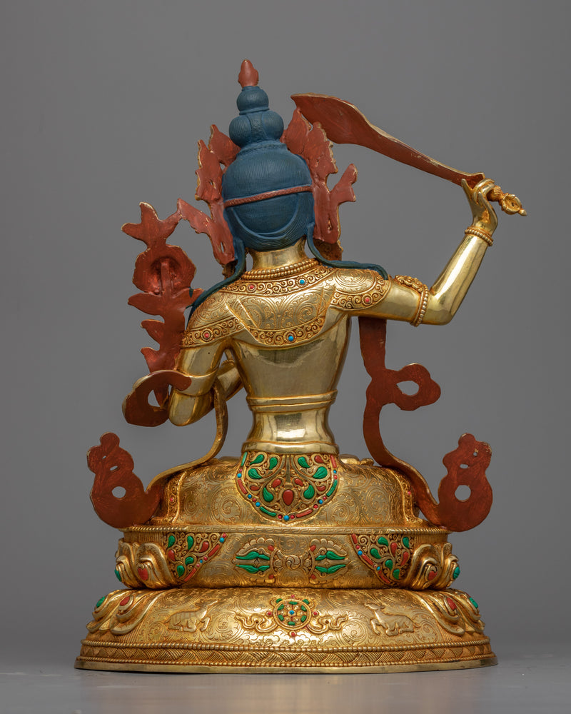 Gold Gilded Manjushri Bodhisattva Sculpture | Traditionally Hand-Carved Buddhist Statue