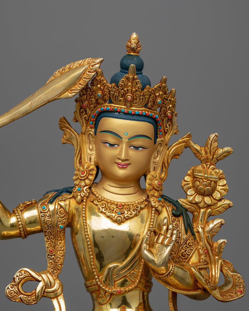 Gold Gilded Manjushri Bodhisattva Sculpture | Traditionally Hand-Carved Buddhist Statue