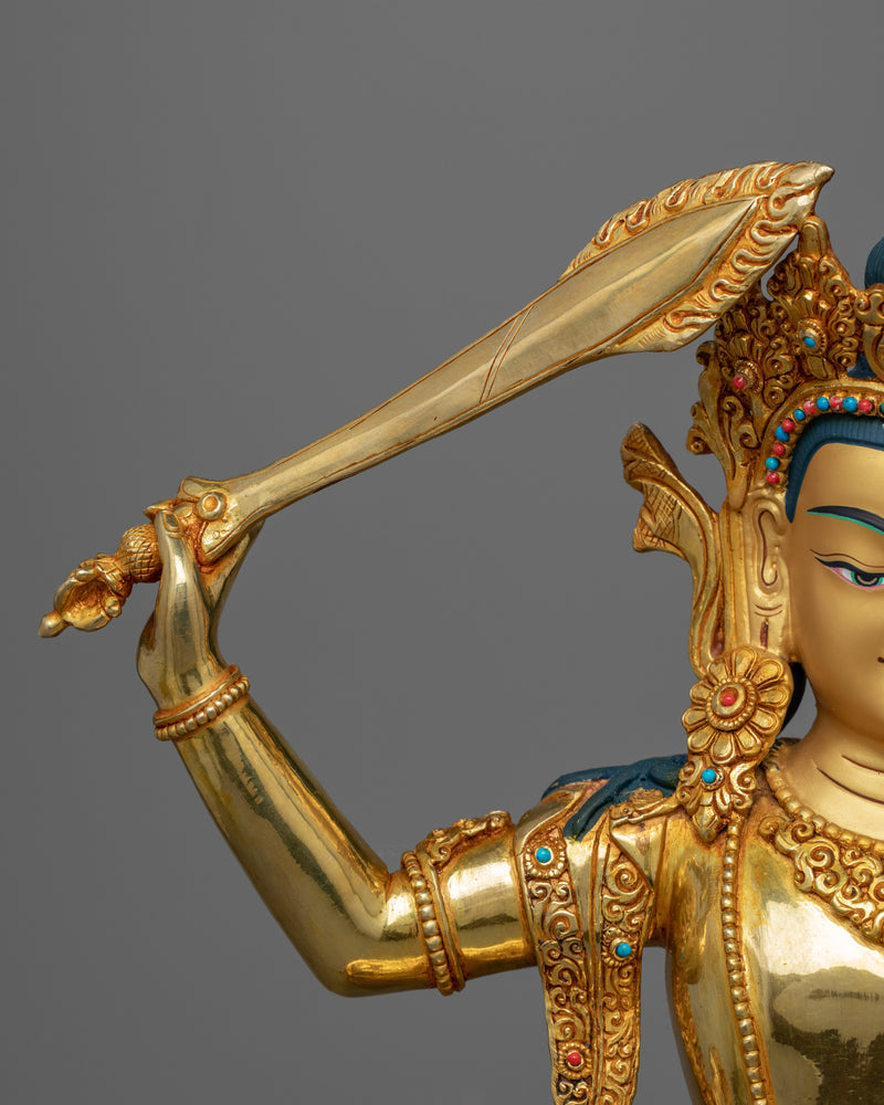 Gold Gilded Manjushri Bodhisattva Sculpture | Traditionally Hand-Carved Buddhist Statue