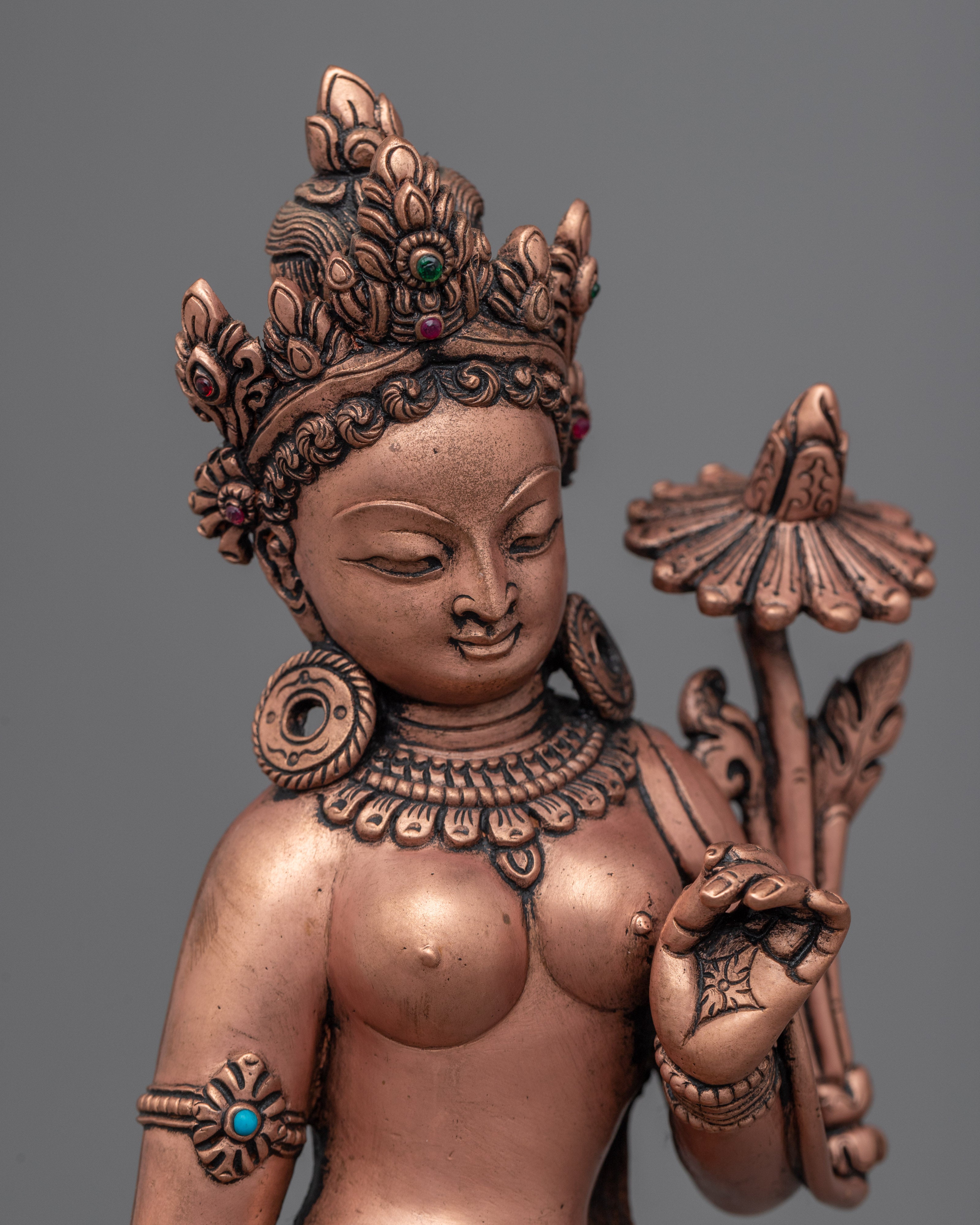 Standing Green Tara Buddha Statue | Buddhist Oxidized Copper Statue