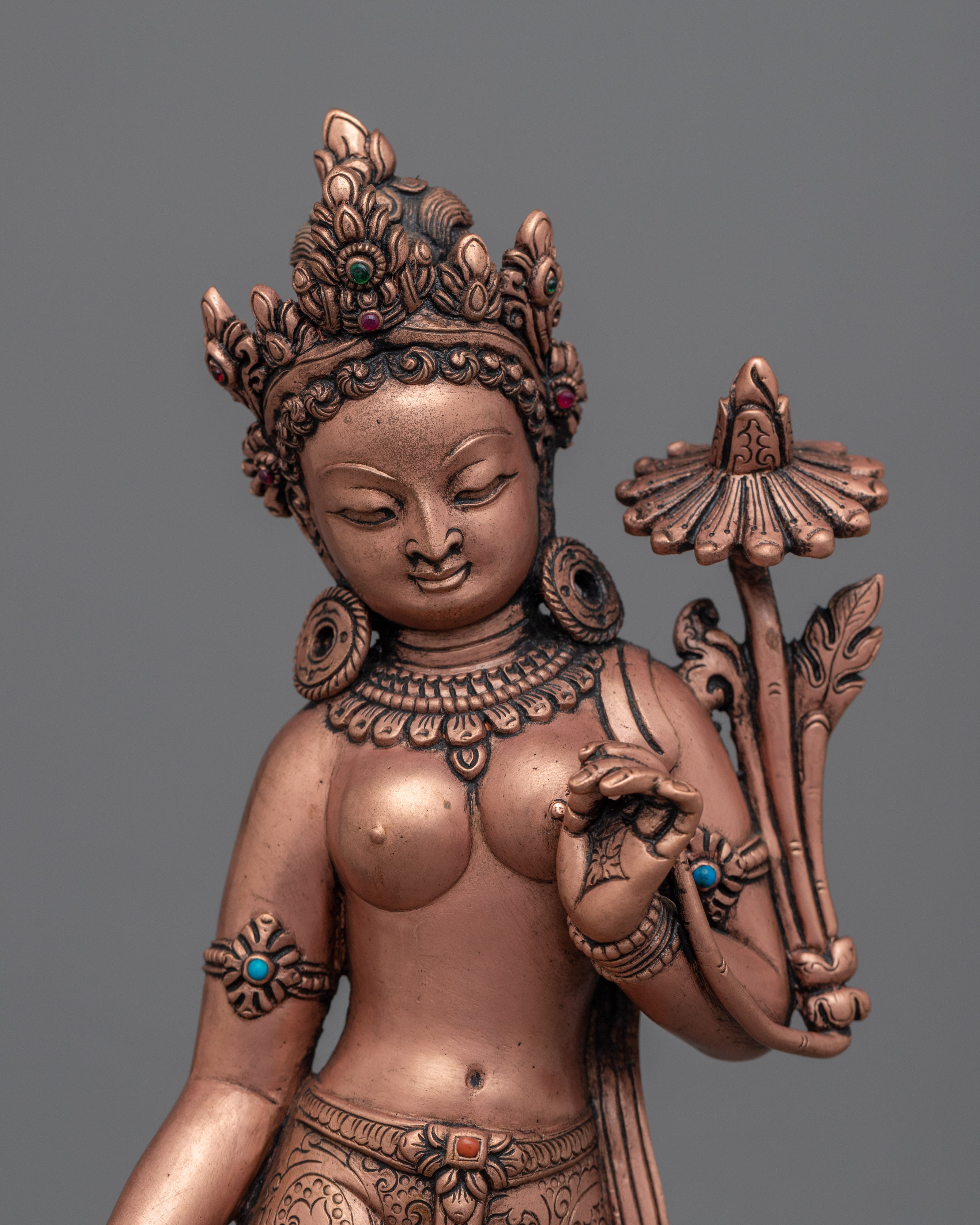Standing Green Tara Buddha Statue | Buddhist Oxidized Copper Statue