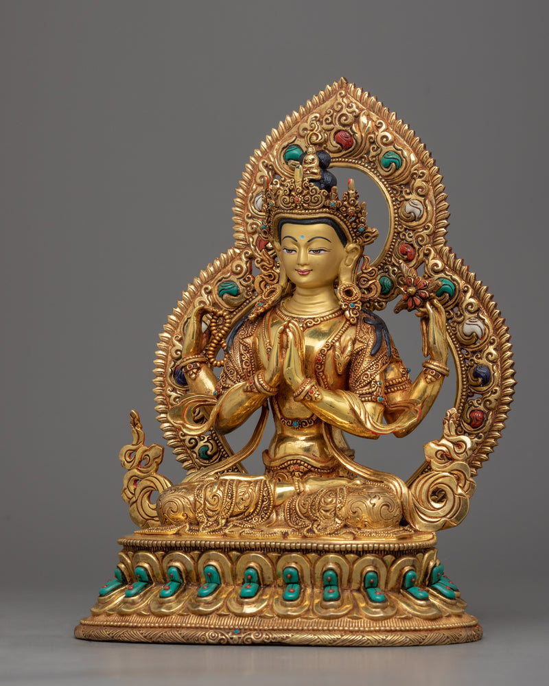 Chenrezig Statue Bearing Four Arms | Handmade in Nepal, Himalayan Buddhist Art