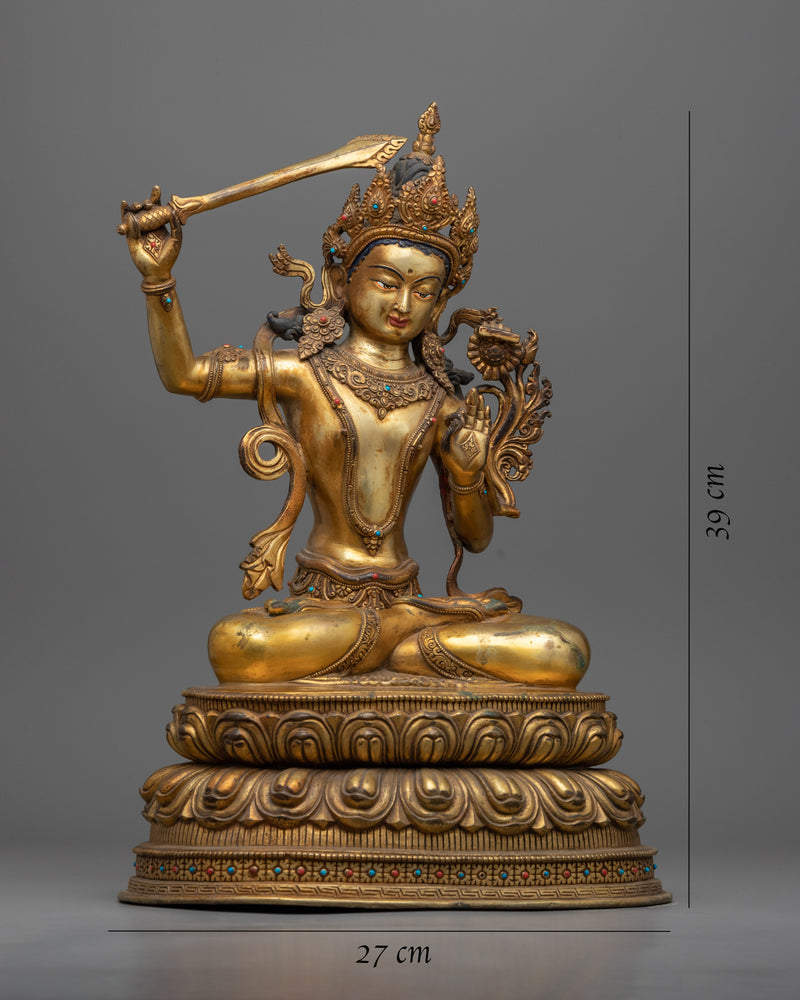 Gold Gilded Bodhisattva Manjushri Sculpture for Meditation | Tibetan Style Buddhist Statue