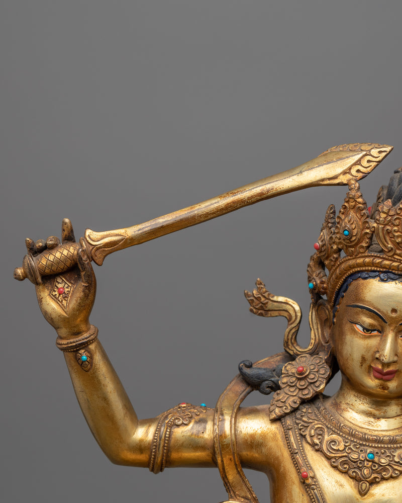 Gold Gilded Bodhisattva Manjushri Sculpture for Meditation | Tibetan Style Buddhist Statue
