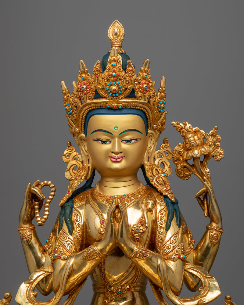 Chenrezig With Four Arms Statue | Gold Gilded Handmade Buddhist Artwork