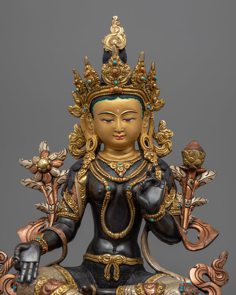 Green Tara Statue Gilded in Gold | Female Bodhisattva of Compassion