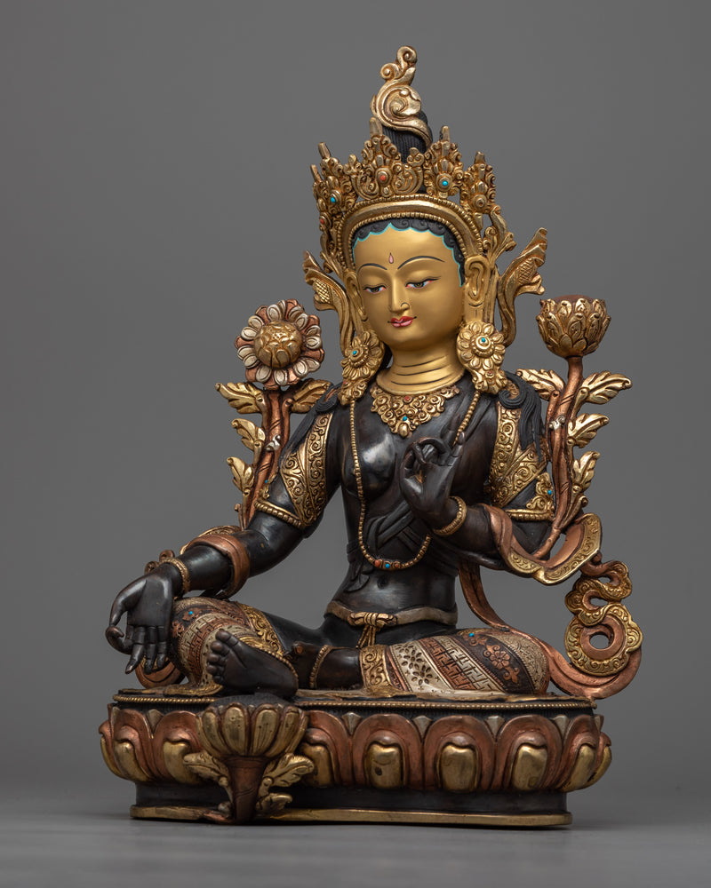 Green Tara Statue Gilded in Gold | Hand-Carved Bodhisattva Statue