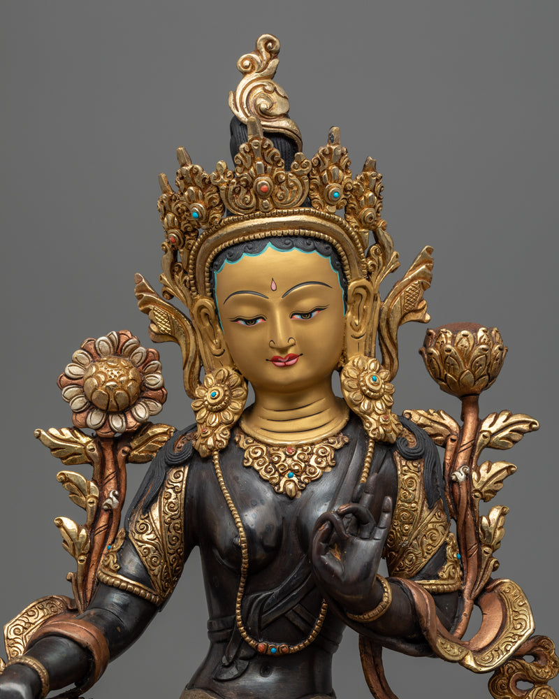 Green Tara Statue Gilded in Gold | Hand-Carved Bodhisattva Statue