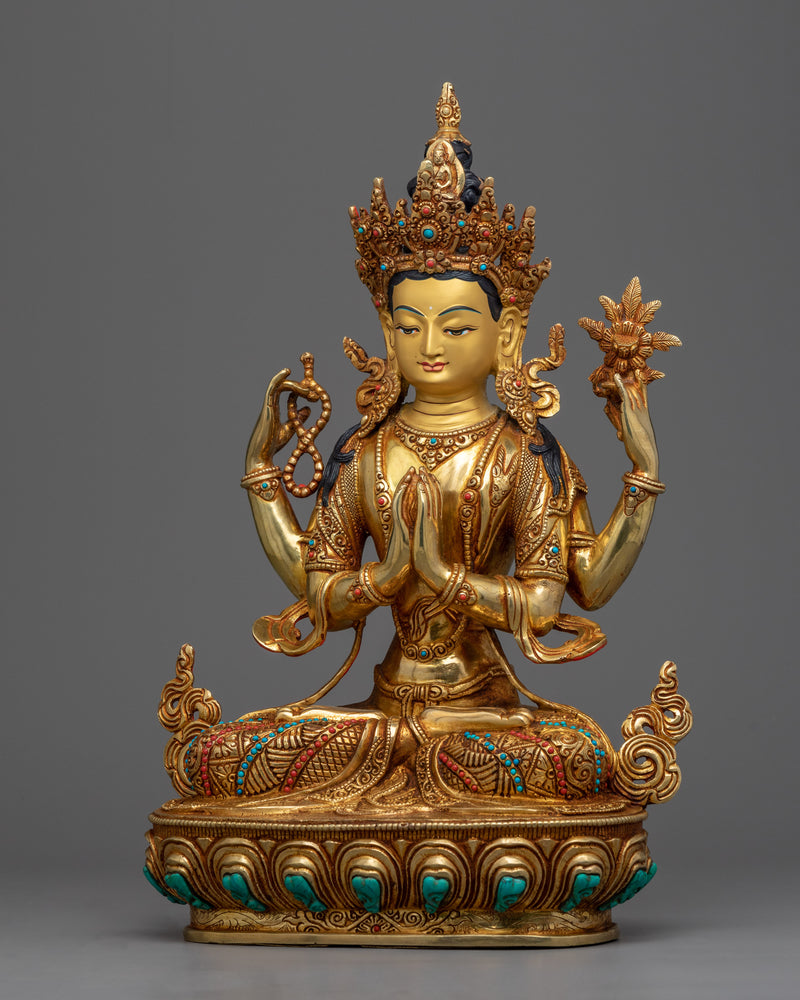 Four Armed Chenrezig Statue | Gold Gilded Traditional Buddhist Statue