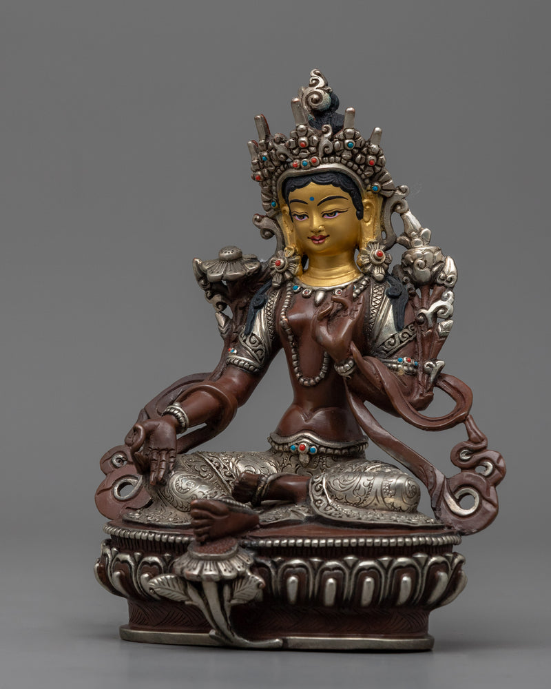 Gold Gilded Statue of the Green Tara | Oxidized Copper Buddhist Artwork