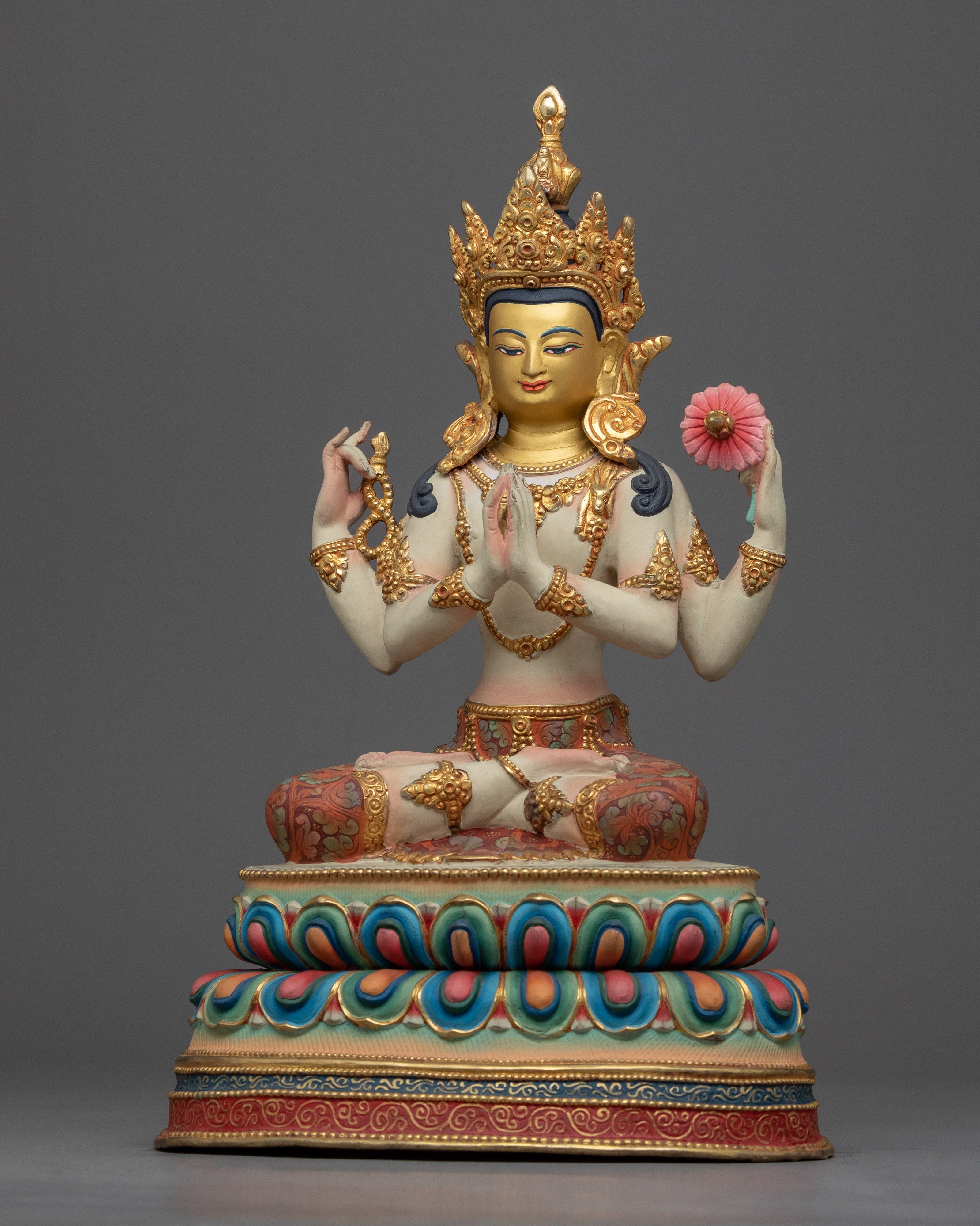 Chenrezig Lord of Love Statue | 24k Gold Gilded & Detailed Acrylic Paintings