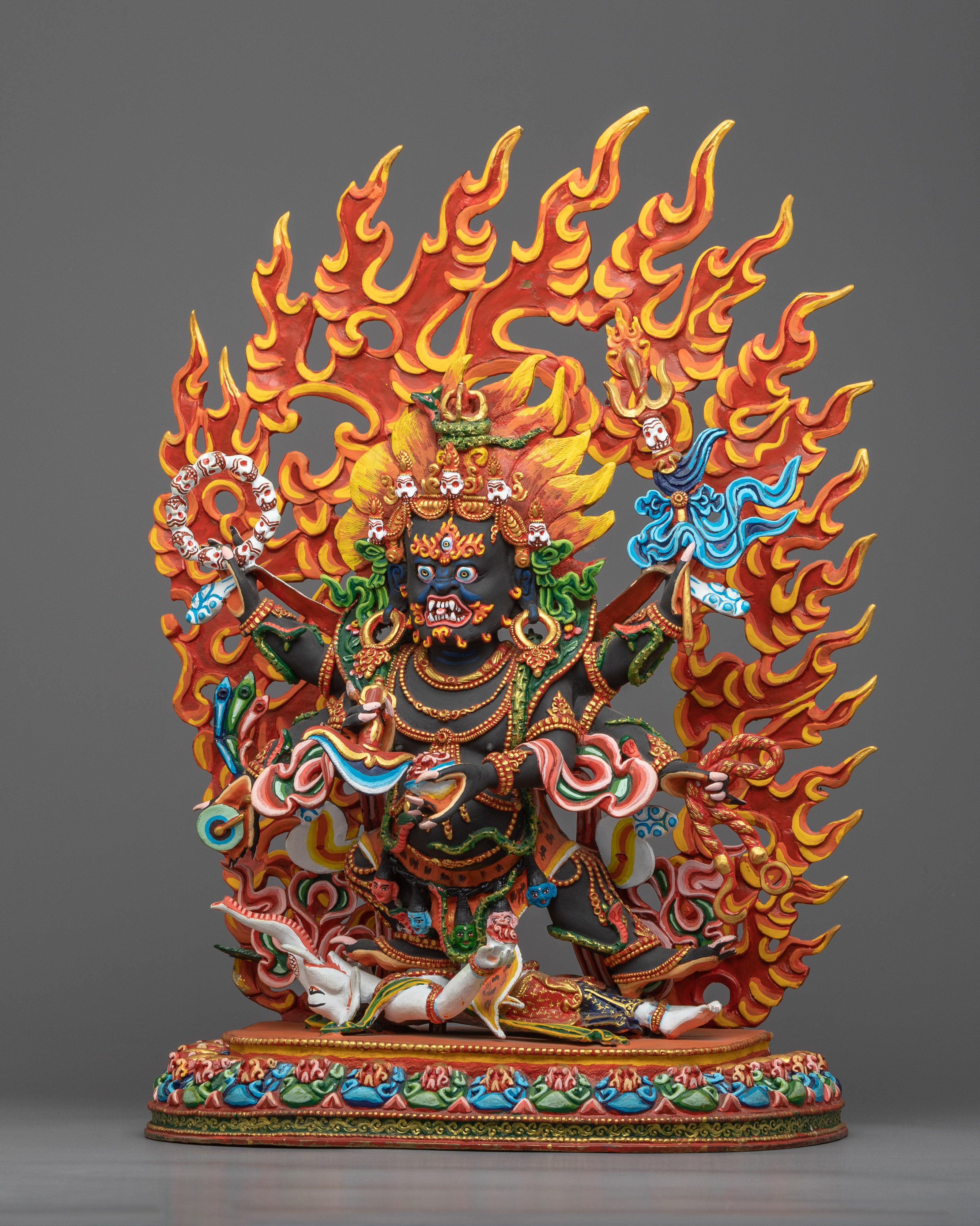 Six Armed Mahakala Statue | Exquisitely Rich Acrylic Painted