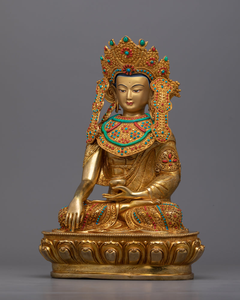 Statue of Buddah Shakyamuni - The Enlightened One Bejeweled with Gemstones and a Crown