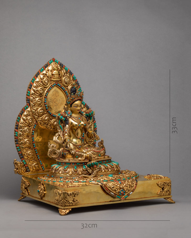 Rare Green Tara on Throne | Traditionally Hand carved 24K Gold Gilded Tara Statue