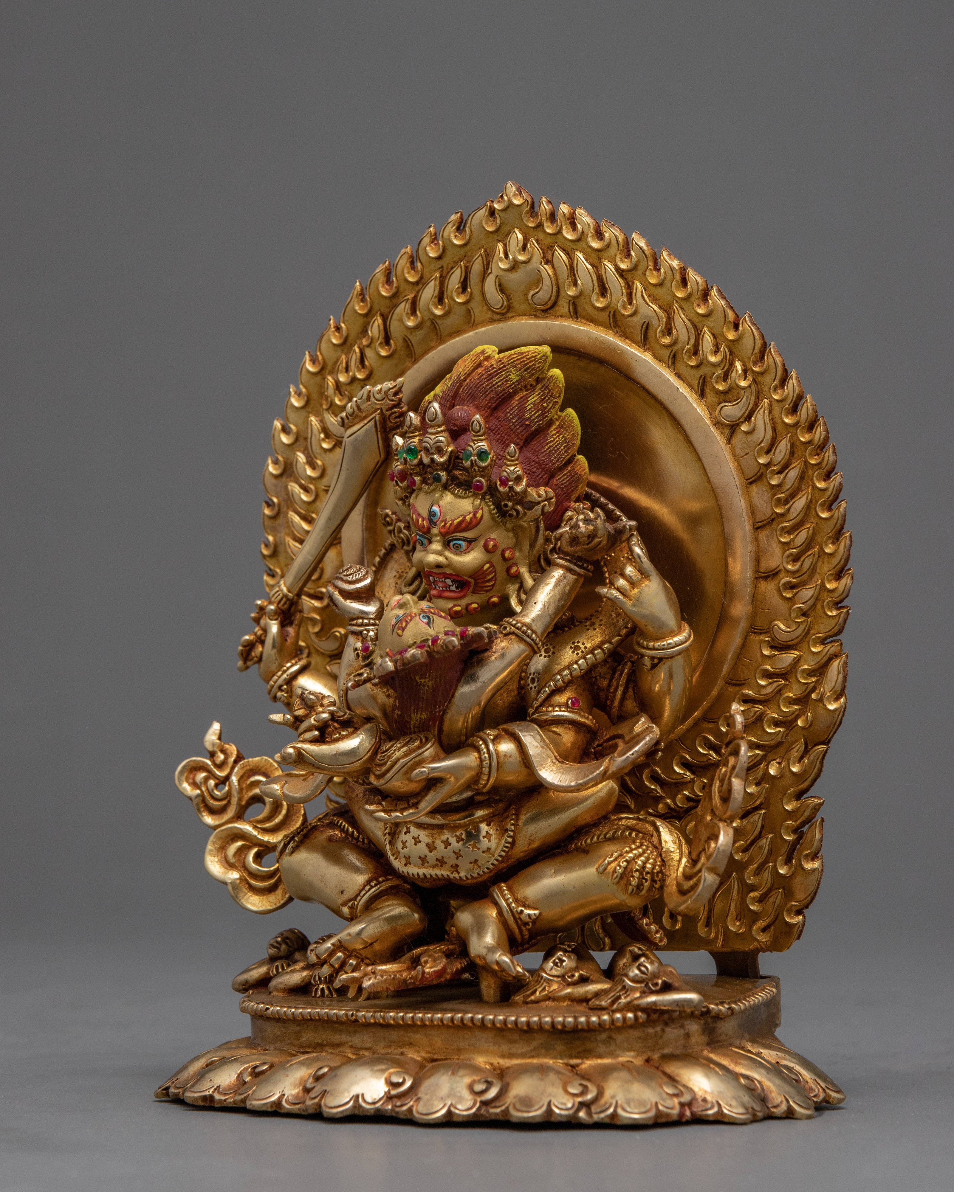 4 Armed Mahakala with Consort Statue | Finely Hand Carved Himalayan Art