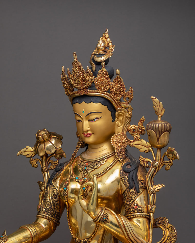 Green Tara Female Buddha Statue, Himalayan Hand-carved Artwork
