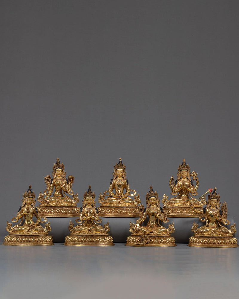 Statue Set Of Amitayus With Bodhisattvas White Tara, Chenrezig, Manjushri, Green Tara, Vajradhara, Vajrasattva