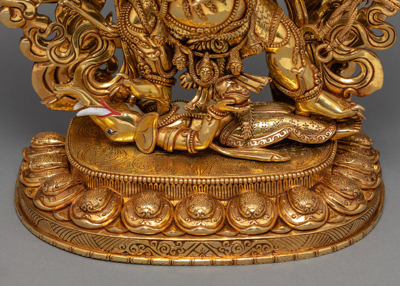 6 Armed Mahakala, 24K Gold Plated Mahakala Statue, Traditionally Hand Carved