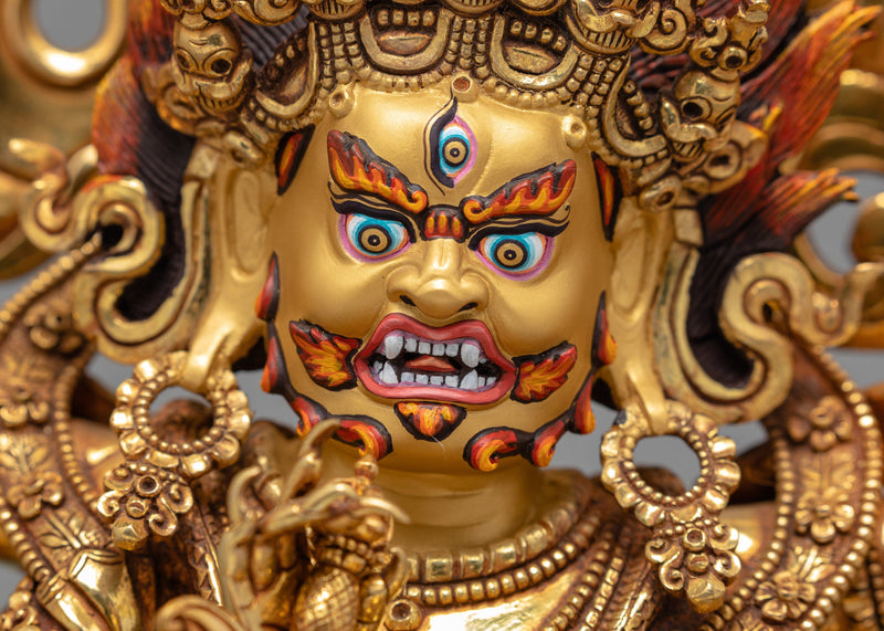 6 Armed Mahakala, 24K Gold Plated Mahakala Statue, Traditionally Hand Carved
